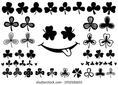 Set of clover or trefoil or shamrock leaves silhouette, St Patrick Day symbol and smiling face. Silhouette vector illustrations isolated on the white background.
