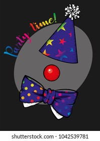 A set of clown accessories - a hood, a wig, a nose and a tie. Vector illustration.