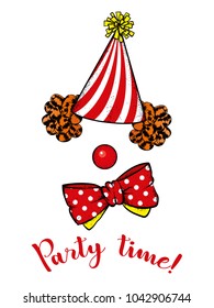 A set of clown accessories - a hood, a wig, a nose and a tie. Vector illustration.