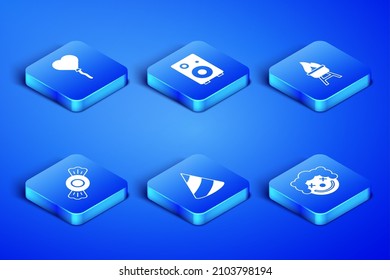 Set Clown head, Balloons in form of heart, Party hat, Candy, Stereo speaker and Barbecue grill icon. Vector