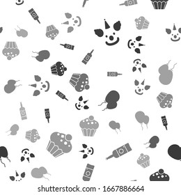 Set Clown head , Beer bottle , Balloons with ribbon  and Muffin  on seamless pattern. Vector