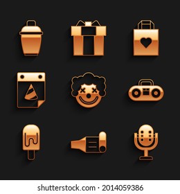 Set Clown head, Birthday party horn, Microphone, Home stereo with two speakers, Ice cream, Calendar, Shopping bag heart and Cocktail shaker icon. Vector