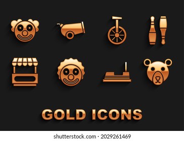 Set Clown head, Bowling pin, Bear, Bumper car, Fast street food cart, Unicycle or one wheel bicycle,  and Cannon icon. Vector