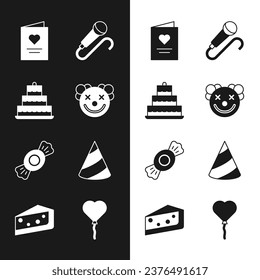 Set Clown head, Cake with burning candles, Postcard heart, Microphone, Candy, Party hat, Balloons form of and Piece cake icon. Vector