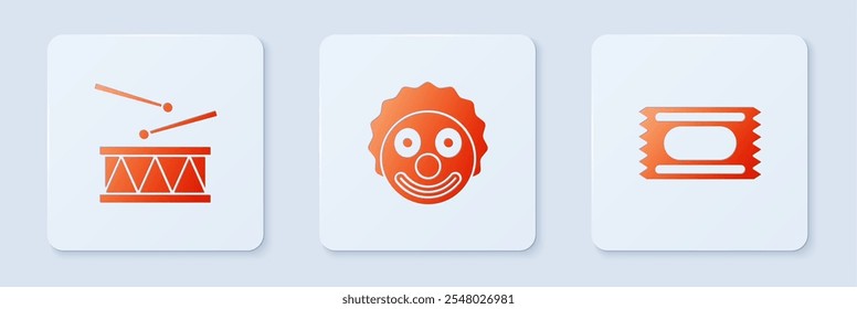 Set Clown head, Drum with drum sticks and Circus ticket. White square button. Vector