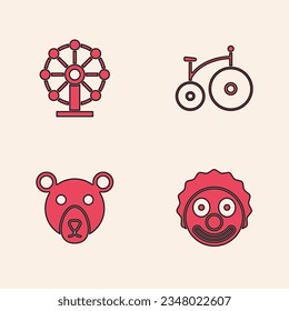 Set Clown head, Ferris wheel, Vintage bicycle and Bear icon. Vector