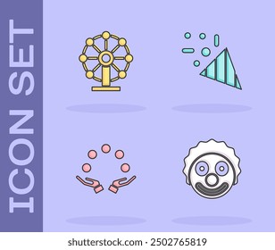 Set Clown head, Ferris wheel, Juggling ball and Festive confetti icon. Vector