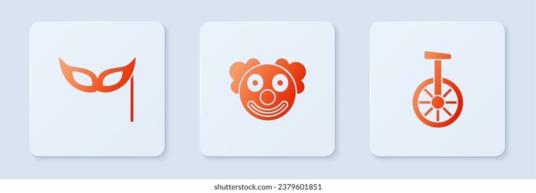 Set Clown head, Festive mask and Unicycle or one wheel bicycle. White square button. Vector