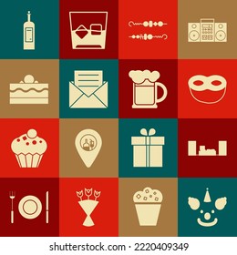 Set Clown head, Home stereo with two speakers, Festive mask, Grilled shish kebab, Envelope invitation card, Cake, Bottle of wine and Wooden beer mug icon. Vector