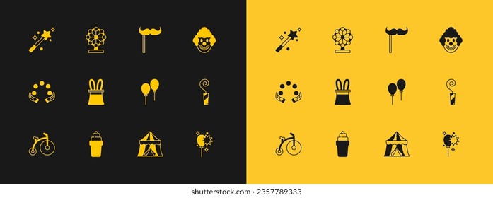 Set Clown head, Ice cream in waffle, Balloons with ribbon, Circus tent, Magician hat and rabbit ears, Paper mustache stick, wand and Ferris wheel icon. Vector