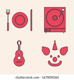 Set Clown head , Plate, fork and knife , Vinyl player with a vinyl disk  and Guitar  icon. Vector