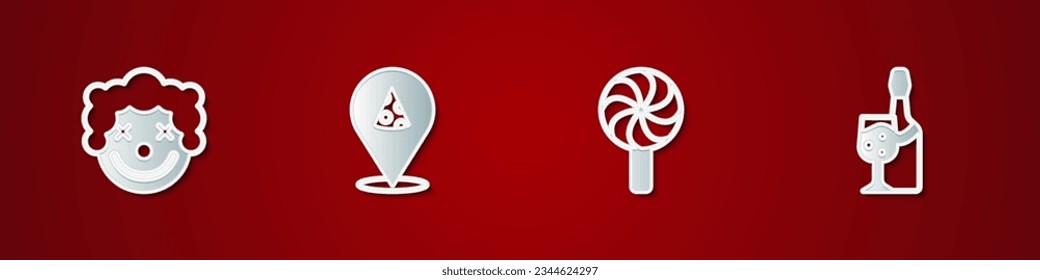 Set Clown head, Slice of pizza, Lollipop and Champagne bottle icon. Vector