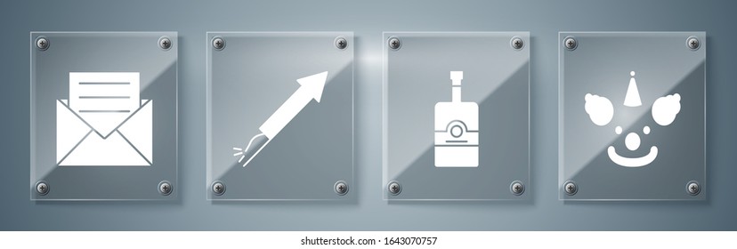 Set Clown head , Whiskey bottle , Firework rocket  and Envelope with invitation card . Square glass panels. Vector