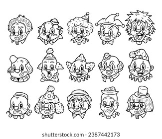 Set of clown heads with a hand-drawn outline sketch illustration