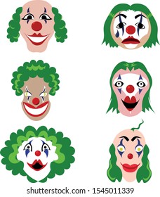 Set of clown masks. Green hair and makeup. Circus actor. Design for halloween.
