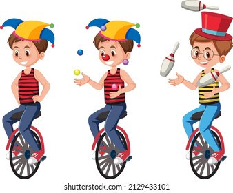 Set of clown performing cartoon character on unicycle illustration