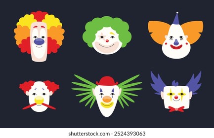 Set of clown portraits with multicolored hair. Funny circus characters.