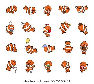 Set of clownfish cartoon characters, marine animal with cute kawaii expressions, different emotions for birthday valentines day themed illustrations and for creative illustration and design ideas