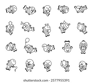 Set of clownfish cartoon characters, marine animal with cute kawaii expressions, different emotions for birthday valentines day themed illustrations and for creative illustration and design ideas