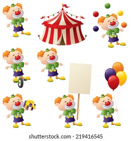 Set of clowns in action complete with circus tent.