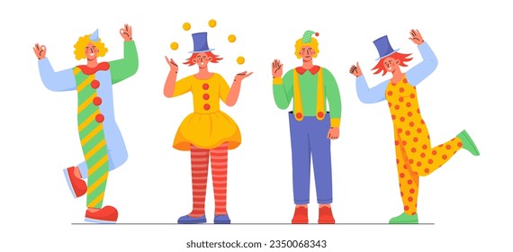 Set of clowns concept. Men and women with red noses and white faces. Team of artists and circus actors. Entertainment and fun. Cartoon flat vector collection isolated on white background