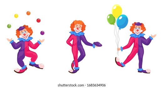 Clownensatz in verschiedenen Posen. Hübsche Figuren im Cartoon-Stil einzeln auf weißem Hintergrund.