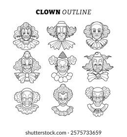 Set of clowns faces with scary heads painted noses eyebrows red lips and funny hats outline collection with line art style, Clown Head set, avatar, vector illustration, isolated on white background.