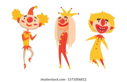 Set Of Clowns Harlequins Performances Show Vector Illustration Cartoon Character