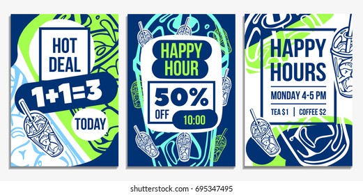 Set of club, cafe, restaurant posters, banners, ads. Business offers for social media, email newsletters in modern youthful bright design. Vector isolated EPS 10.