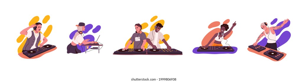 Set of club DJ playing recorded music at console mixer and mixing sounds with turntable. People in headphones with audio equipment. Colored flat vector illustration isolated on white background.