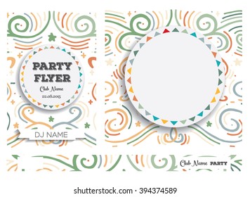 Set Club Flyers with copy space and hand drawn abstract swirl background. Vector illustration.