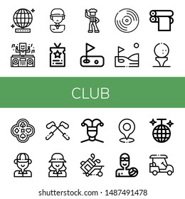 Set of club icons such as Mirror ball, DJ, Golf player, Vip, Disco, Golf, Vynil, Print cylinder, Golf ball, Poker, Golfer, Buffoon, Waterpolo, Disco ball, cart , club