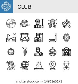 Set of club icons such as Poker, Vynil, Waterpolo, Ski, DJ, Golf, Golf cart, Golfer, Golf stick, Kneepad, Mirror ball, Tee, Disco ball, Hospice, Disco, ball, player , club