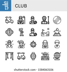 Set of club icons. Such as Pole dance, Golf cart, Golfer, Water polo, Ski, Poker, Disco, Waterpolo, Golf, Whack a mole, DJ, Mirror ball, Golf player, Gym equipment , club icons