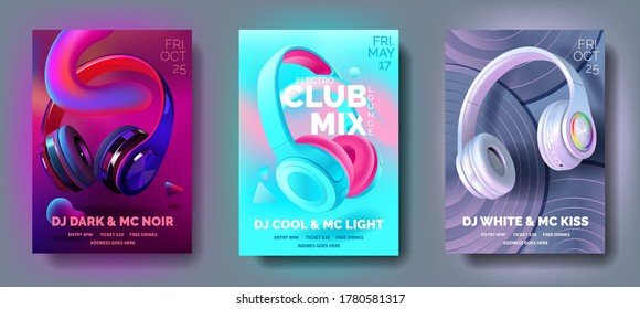 Set of Club posters with headphones, dance party, fluid design flyer, invitation, banner template, dj music event, colorful White, black, blue and pearl headphones, vector illustration.
