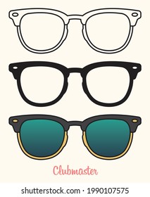 Set of Clubmaster sunglasses. Outline, silhouette, color. 