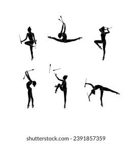 Set of Clubs Rhythmic Gymnastics postures flat sihouette vector on white background. Collection of Rhythmic Gymnastics female athlete black icons.