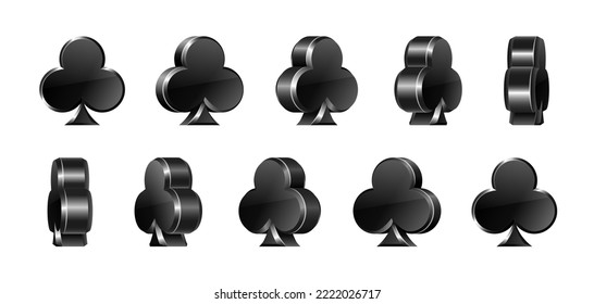 Set of Clubs suit cards. The suit of playing cards is rotated at different angles. 3d Vector symbols for casino, apps and websites or game design