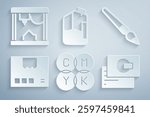 Set CMYK color mixing, Paint brush, Carton cardboard box, Business, Printer ink bottle and 3D printer icon. Vector