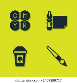 Set CMYK color mixing, Paint brush, Coffee cup to go and Roll paper icon. Vector