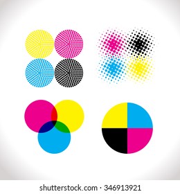 Set of CMYK illustrations. Vector halftone and others.