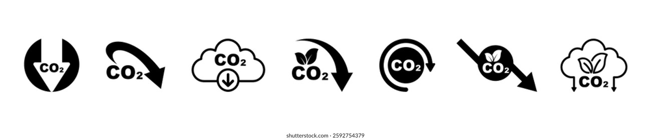 Set of co2 emission vector icons. Cloud with carbon dioxide. Reduce pollution air.