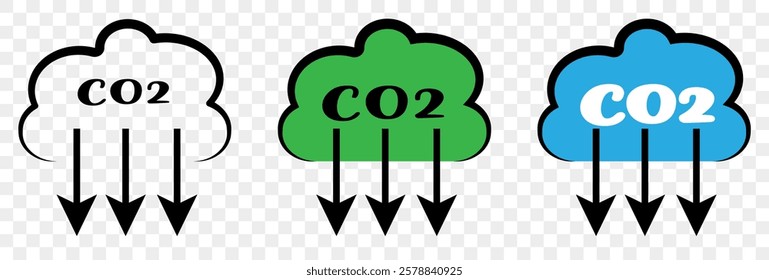 Set of co2 emission vector icons.co2 gas carbon Cloud with carbon dioxide. Reduce pollution air. Cloud with text (CO2) icon illustration, CO2 reduction vector logo set collection for web app