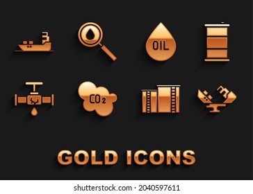 Fijar emisiones de CO2 en la nube, aceite de barril, barco petrolero naufragado, construcción de fábricas de petróleo, tubería rota con agua que gotea, gota e ícono. Vector