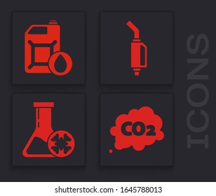 Set CO2 emissions in cloud, Canister for motor machine oil, Gasoline pump nozzle and Antifreeze test tube icon. Vector