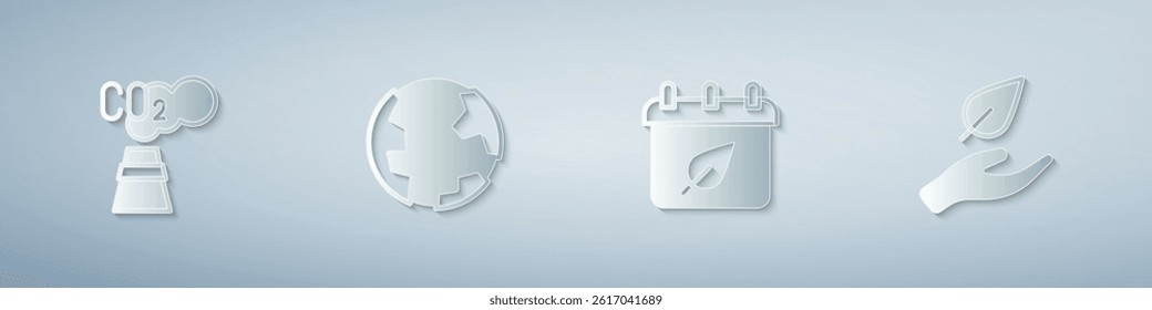 Set CO2 emissions in cloud, Earth globe, Calendar with autumn leaves and Leaf hand. Paper art style. Vector