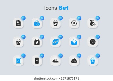 Set CO2 emissions in cloud, Eco friendly house, Water mill, Radioactive waste barrel, Infectious, Banner for bio, Bio fuel canister and energy icon. Vector