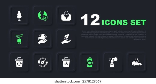 Set CO2 emissions in cloud, Electric car, Hand holding Earth globe, Eco nature leaf battery, saving plug, with shield and Infectious waste icon. Vector