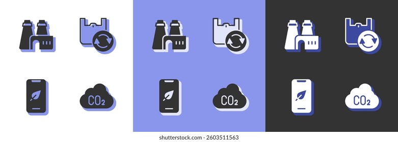 Set CO2 emissions in cloud, Factory production, Mobile phone with leaf and Shopping bag recycle icon. Vector