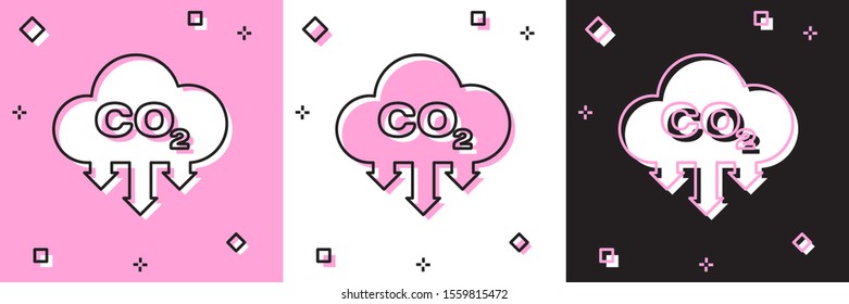 Set CO2 emissions in cloud icon isolated on pink and white, black background. Carbon dioxide formula symbol, smog pollution concept, environment concept.  Vector Illustration
